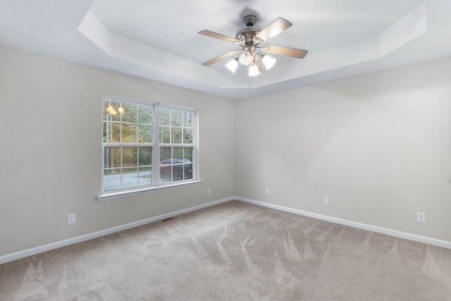 spare room featuring carpet flooring and a raised ceiling