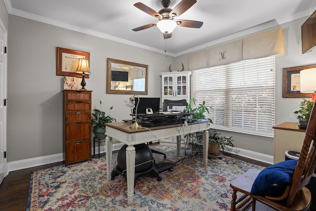 home office featuring hardwood / wood-style flooring, ceiling fan, and ornamental molding