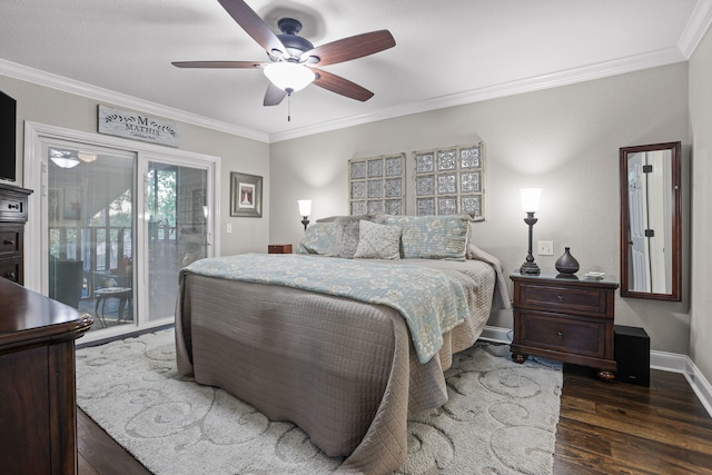 bedroom featuring ceiling fan, crown molding, dark wood-type flooring, and access to outside