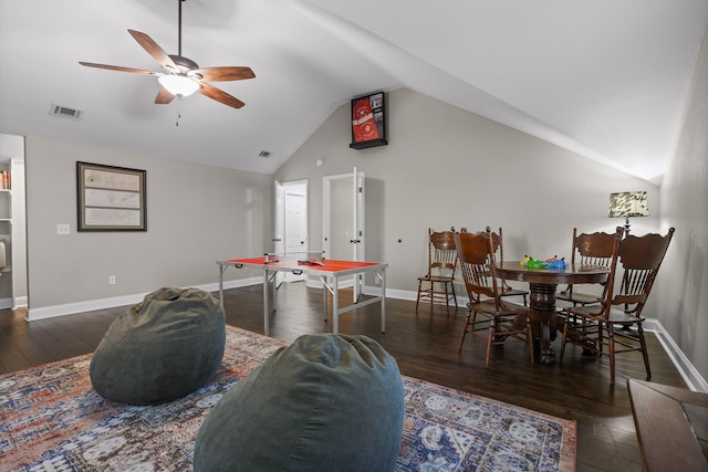 playroom featuring vaulted ceiling, ceiling fan, and dark wood-type flooring