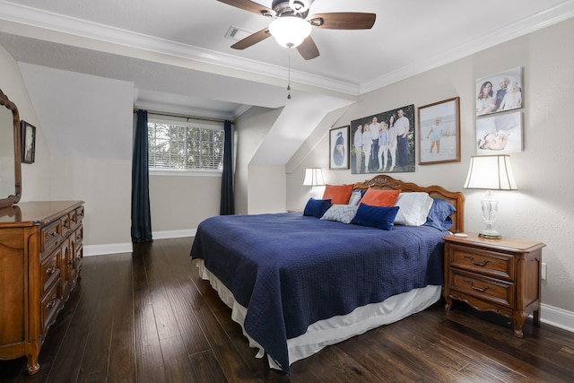 bedroom featuring ceiling fan, crown molding, and dark wood-type flooring