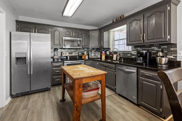 kitchen featuring decorative backsplash, dark countertops, light wood-style flooring, stainless steel appliances, and a sink