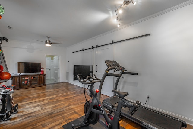 exercise area with ceiling fan, a barn door, wood-type flooring, and crown molding