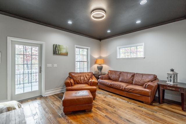 living room featuring hardwood / wood-style flooring and crown molding