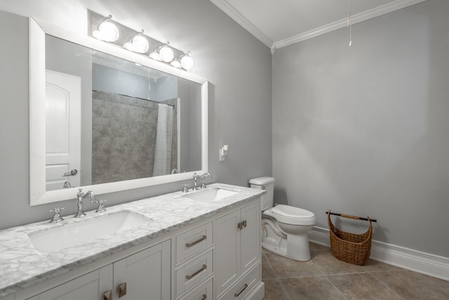 bathroom featuring walk in shower, ornamental molding, vanity, tile patterned flooring, and toilet