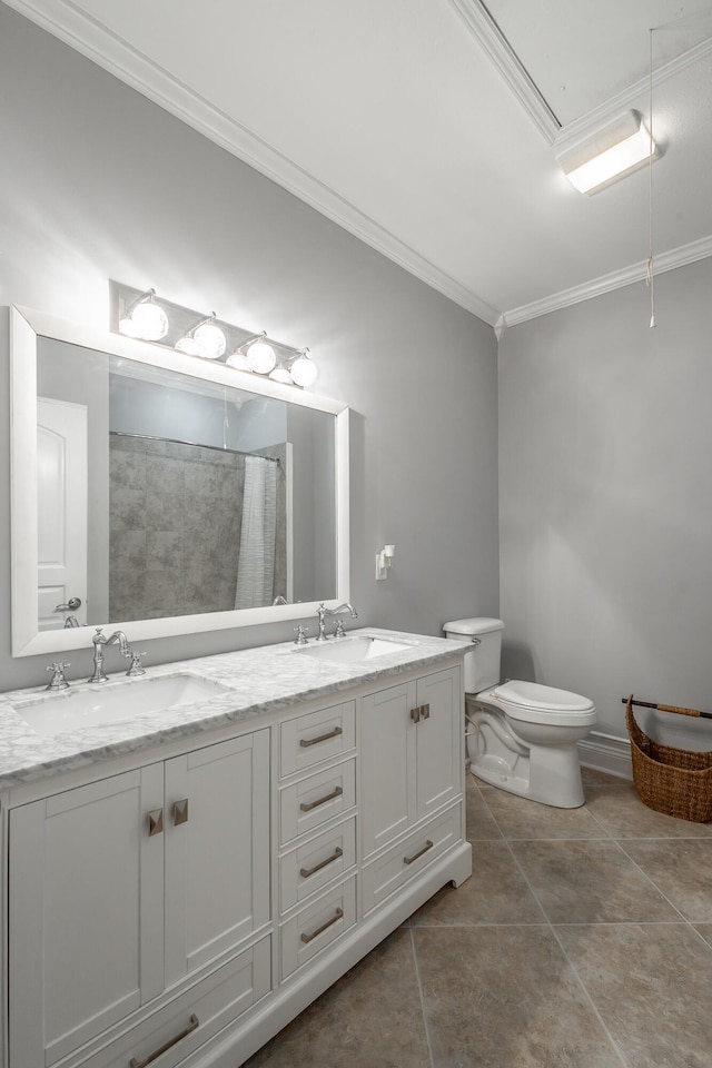 bathroom with ornamental molding, tile patterned floors, toilet, vanity, and a shower with shower curtain