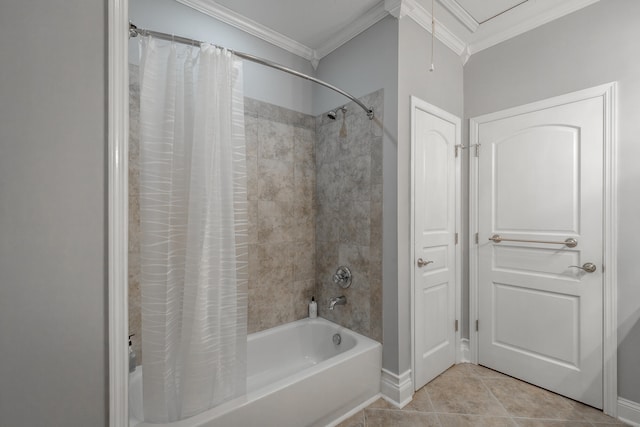 bathroom with shower / tub combo, tile patterned floors, and ornamental molding