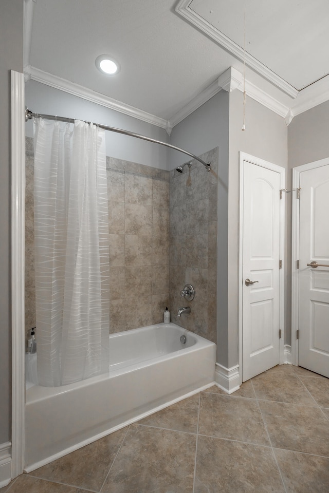 bathroom featuring tile patterned floors, shower / bath combo with shower curtain, and ornamental molding