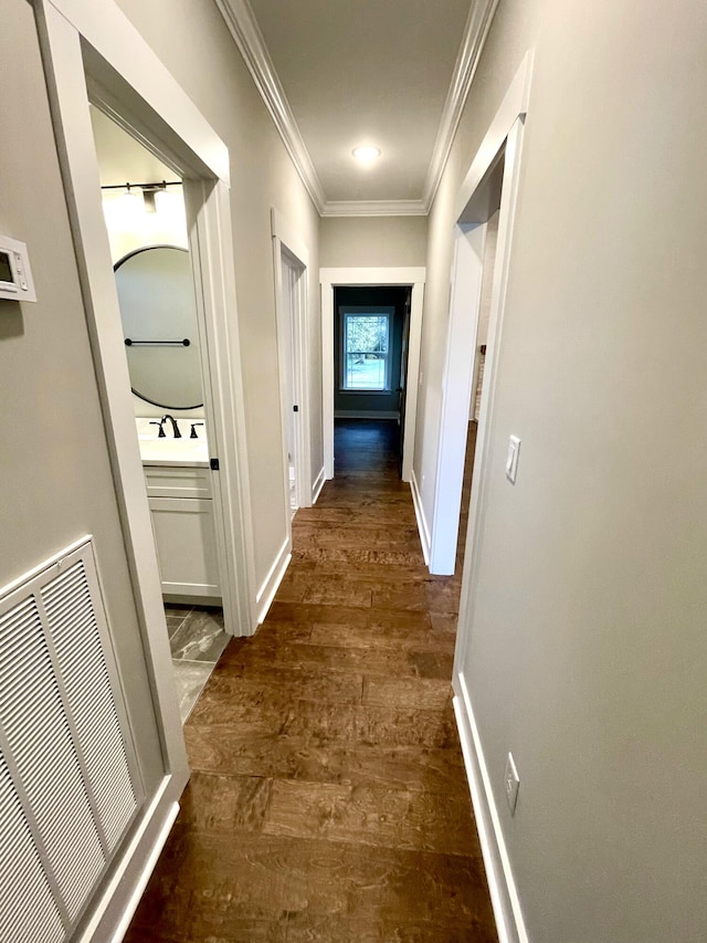 hall featuring sink, crown molding, and dark wood-type flooring