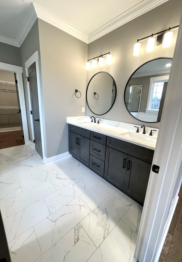 bathroom with vanity and crown molding