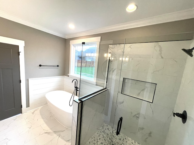 bathroom with plus walk in shower and ornamental molding