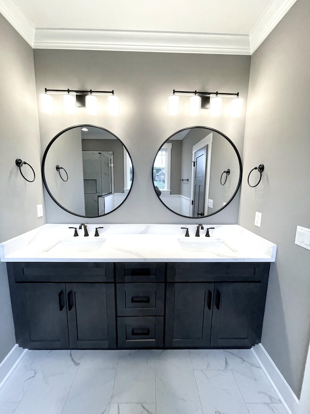 bathroom with vanity and ornamental molding