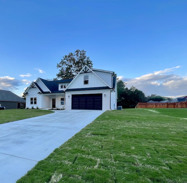 modern farmhouse with central AC unit and a front lawn