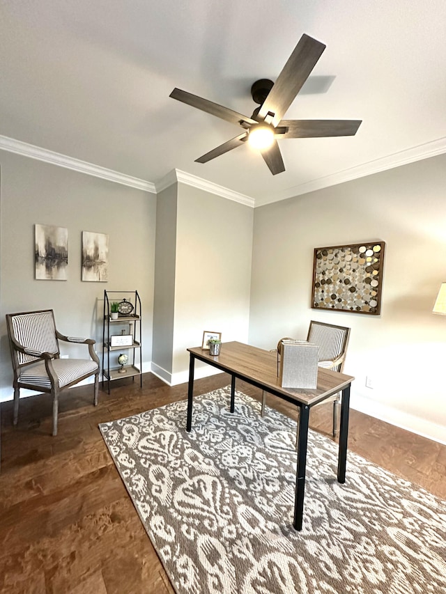 office with ceiling fan, ornamental molding, and dark wood-type flooring