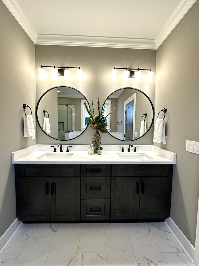 bathroom with vanity and ornamental molding