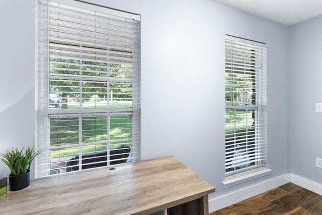 interior space featuring a healthy amount of sunlight, dark hardwood / wood-style flooring, and a textured ceiling