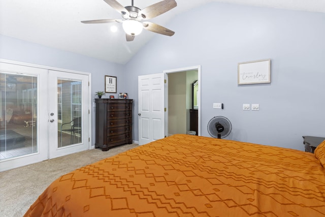 bedroom featuring access to exterior, light carpet, french doors, ceiling fan, and high vaulted ceiling