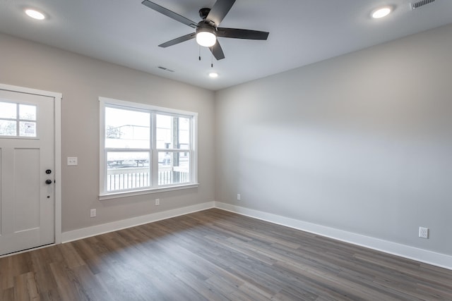 foyer entrance with dark hardwood / wood-style floors, a wealth of natural light, and ceiling fan