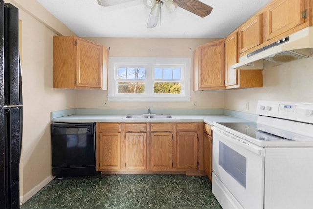 kitchen with white electric range oven, ceiling fan, sink, and black dishwasher