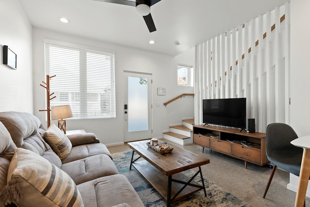 living room featuring ceiling fan