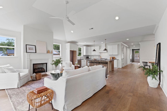 living room featuring lofted ceiling, ceiling fan, light wood-type flooring, and sink