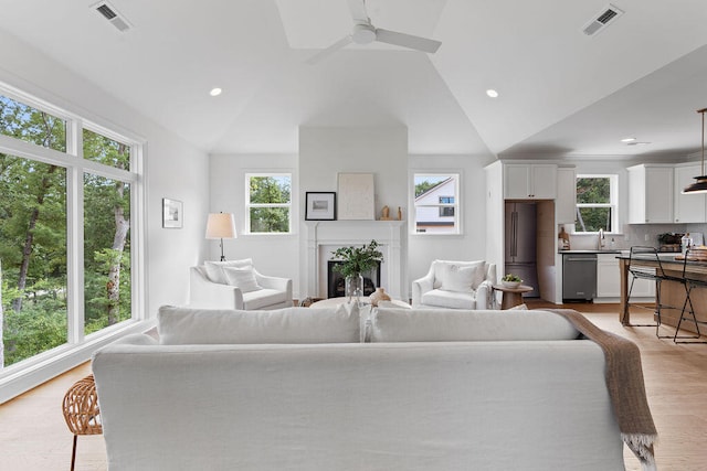 living room featuring a healthy amount of sunlight, vaulted ceiling, and light hardwood / wood-style flooring