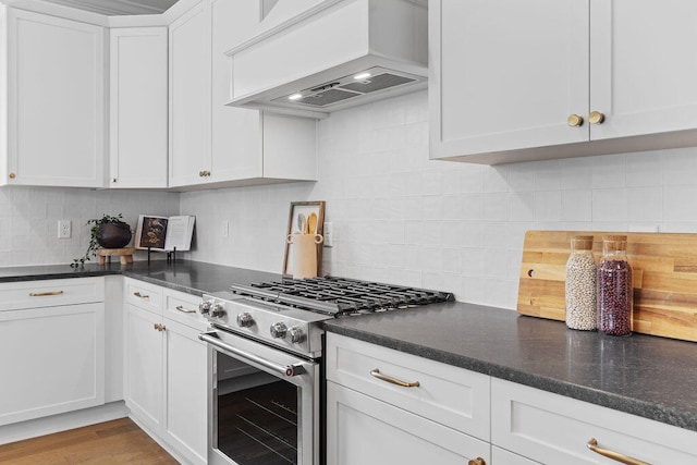 kitchen with high end stainless steel range oven, tasteful backsplash, premium range hood, light hardwood / wood-style floors, and white cabinets