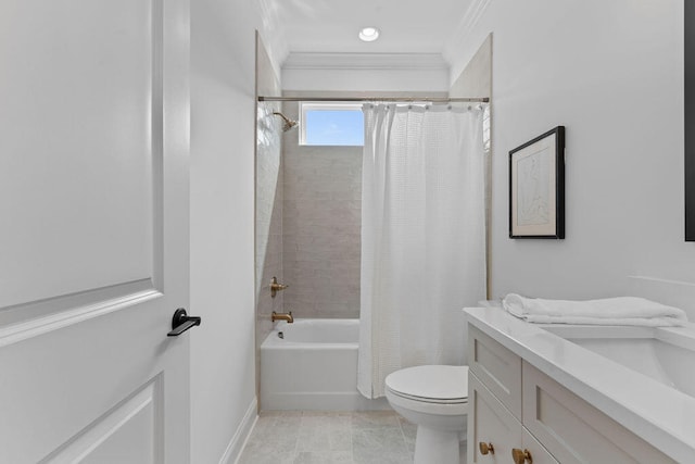 full bathroom with vanity, tile patterned flooring, toilet, shower / bath combo with shower curtain, and ornamental molding