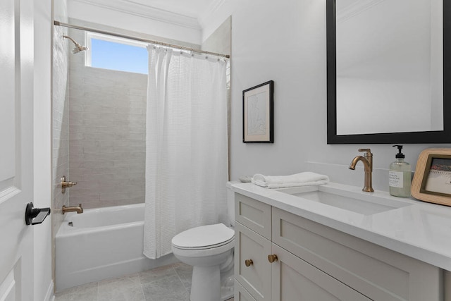 full bathroom with vanity, tile patterned floors, shower / bath combination with curtain, toilet, and ornamental molding