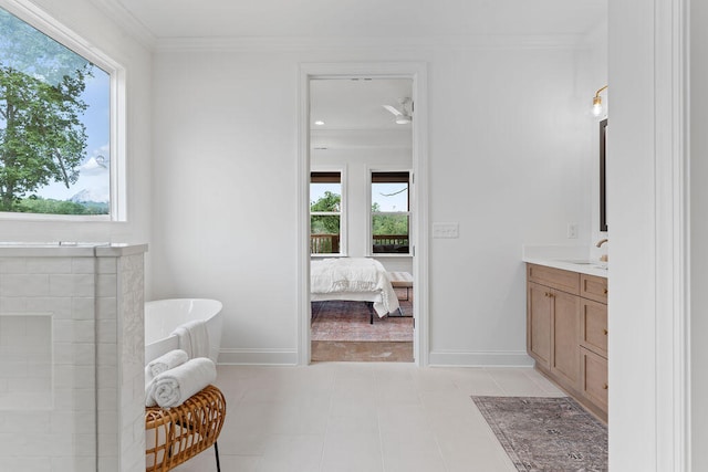 bathroom with crown molding, plenty of natural light, and vanity