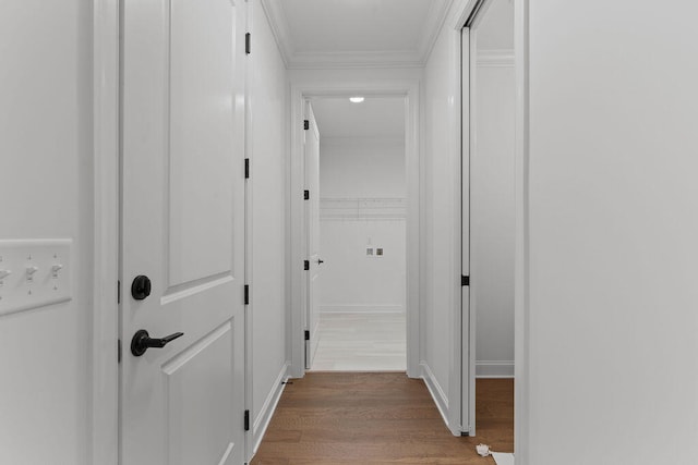 corridor featuring wood-type flooring and crown molding