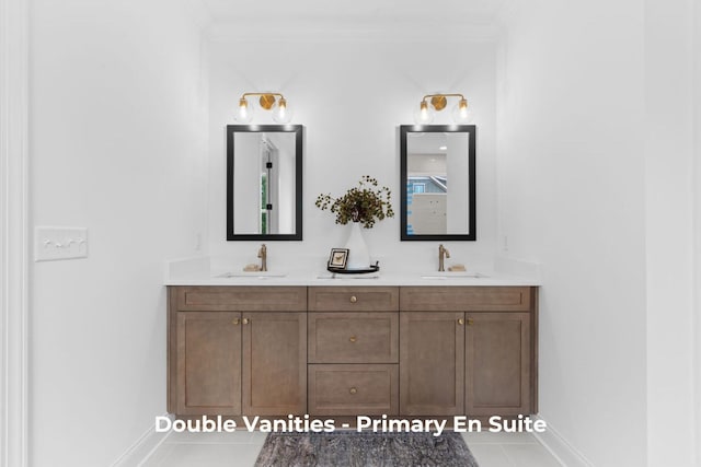 bathroom with tile patterned floors, vanity, and ornamental molding