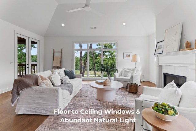 living room featuring a wealth of natural light, a fireplace, lofted ceiling, and hardwood / wood-style flooring