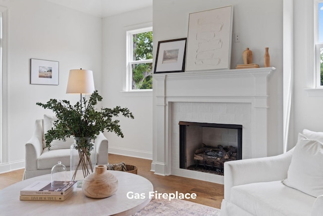 sitting room with a fireplace and wood-type flooring