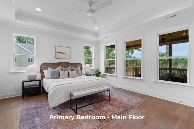 bedroom with dark hardwood / wood-style floors, a raised ceiling, multiple windows, and ceiling fan