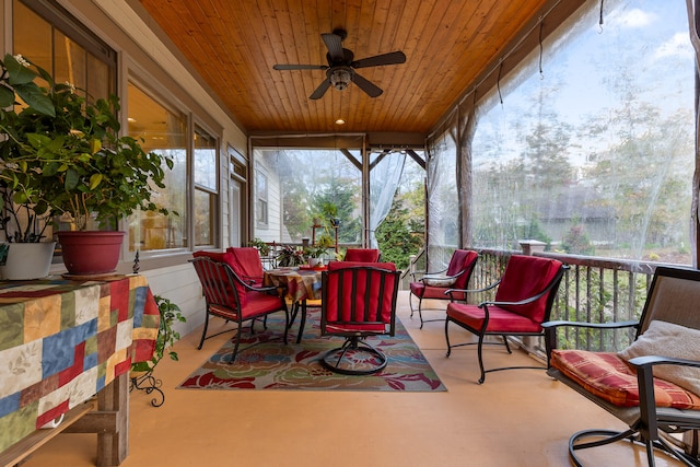 sunroom featuring ceiling fan and wooden ceiling