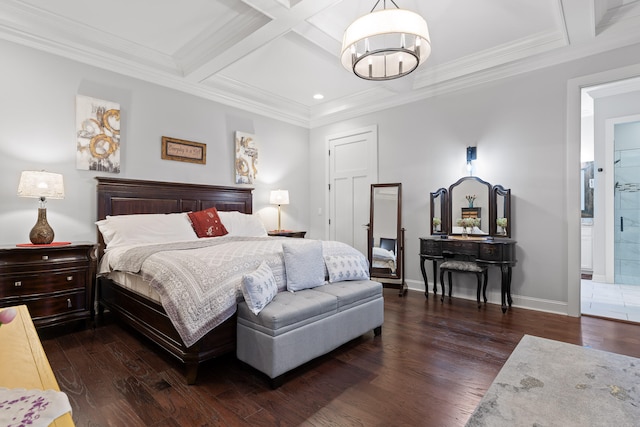 bedroom with beamed ceiling, ensuite bathroom, dark wood-type flooring, and coffered ceiling