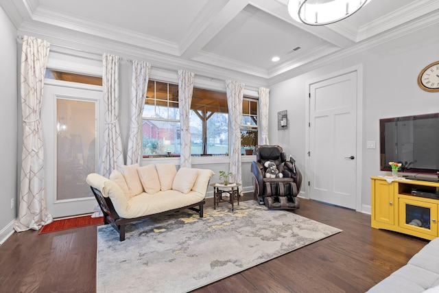 living room featuring beamed ceiling, dark hardwood / wood-style floors, and coffered ceiling