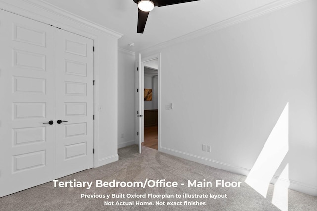 unfurnished bedroom with ceiling fan, a closet, light carpet, and ornamental molding