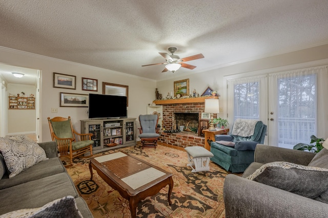 living room with french doors, a brick fireplace, ornamental molding, a textured ceiling, and ceiling fan