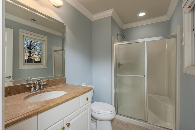 bathroom with vanity, tile patterned flooring, toilet, ornamental molding, and a shower with shower door