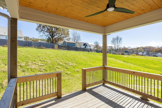 deck featuring ceiling fan and a lawn