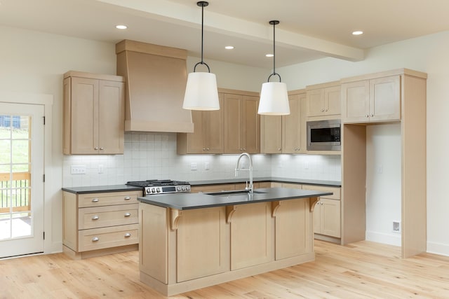 kitchen with backsplash, light hardwood / wood-style floors, premium range hood, and appliances with stainless steel finishes