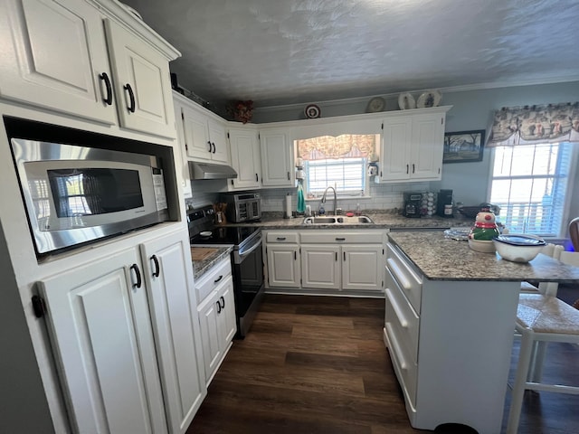 kitchen featuring sink, dark hardwood / wood-style flooring, appliances with stainless steel finishes, white cabinets, and ornamental molding