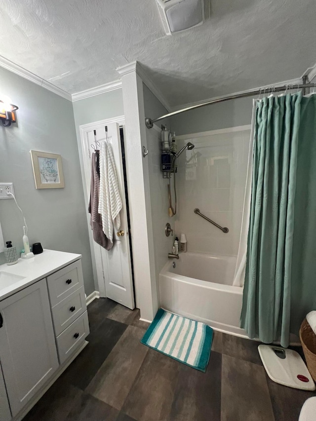 bathroom with shower / bath combo, hardwood / wood-style floors, a textured ceiling, vanity, and ornamental molding