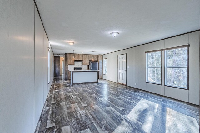 kitchen with dark wood finished floors, a healthy amount of sunlight, open floor plan, and freestanding refrigerator