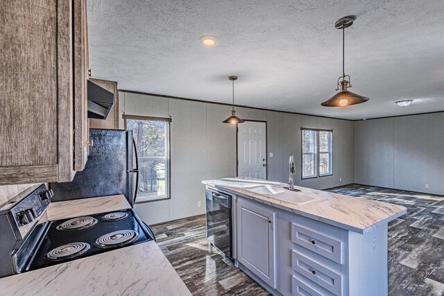 kitchen featuring a sink, a healthy amount of sunlight, light countertops, dishwashing machine, and dark wood-style flooring