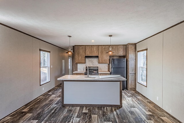1418 County Road 700, Athens, TN 37303 - kitchen with dark wood finished floors, hanging light fixtures, freestanding refrigerator, and a wealth of natural light
