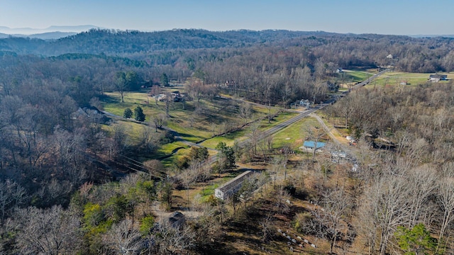 bird's eye view with a mountain view, a view of trees, and a rural view