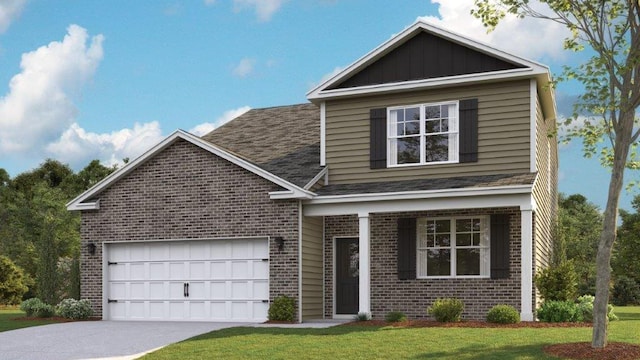 view of property with a front lawn and a garage